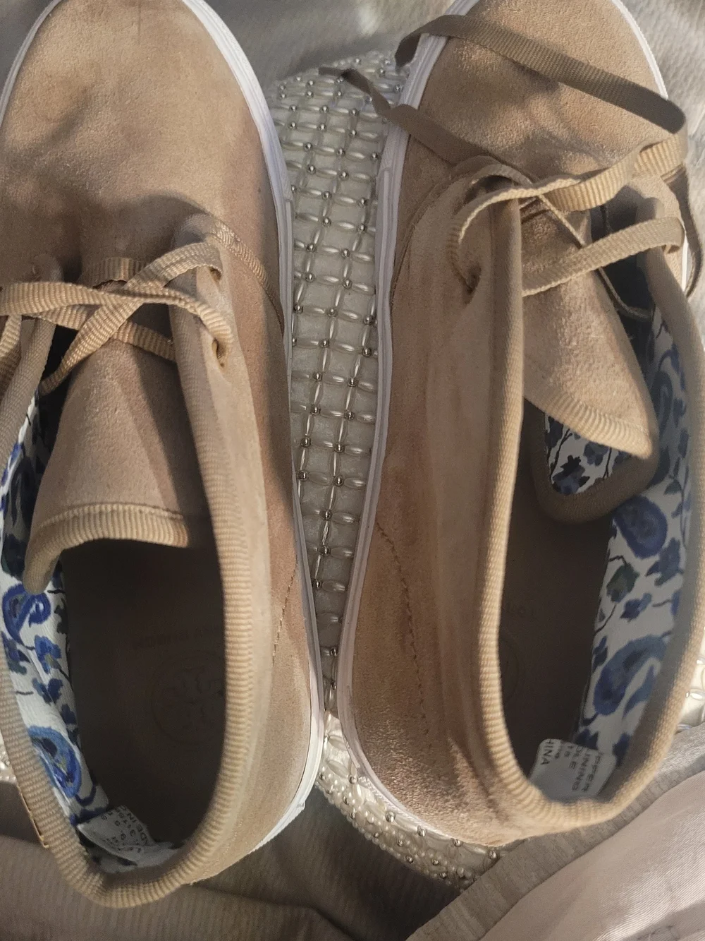 Tory Burch Beige Suede Lace-Up Sneakers with White Sole